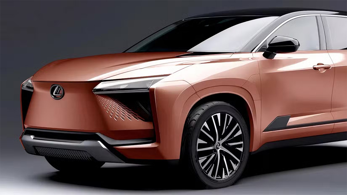 Concept car SUV électrique Lexus en teinte cuivre, design futuriste et calandre fermée