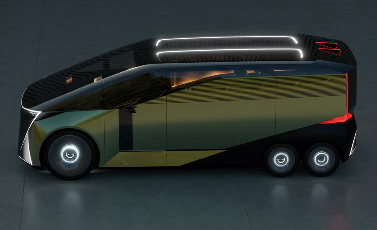 Concept Lexus LS Van à six roues, vu de profil complet et éclairé