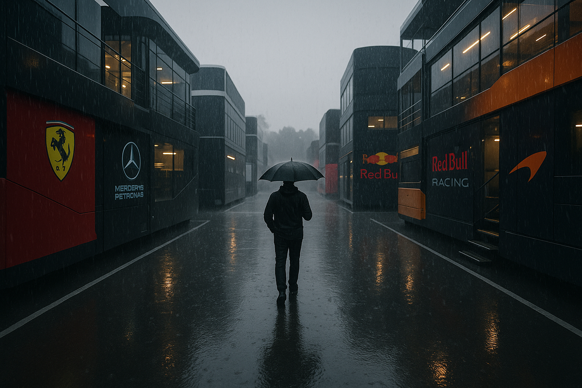 Paddock F1 sous la pluie à Singapour, équipes fermant les garages