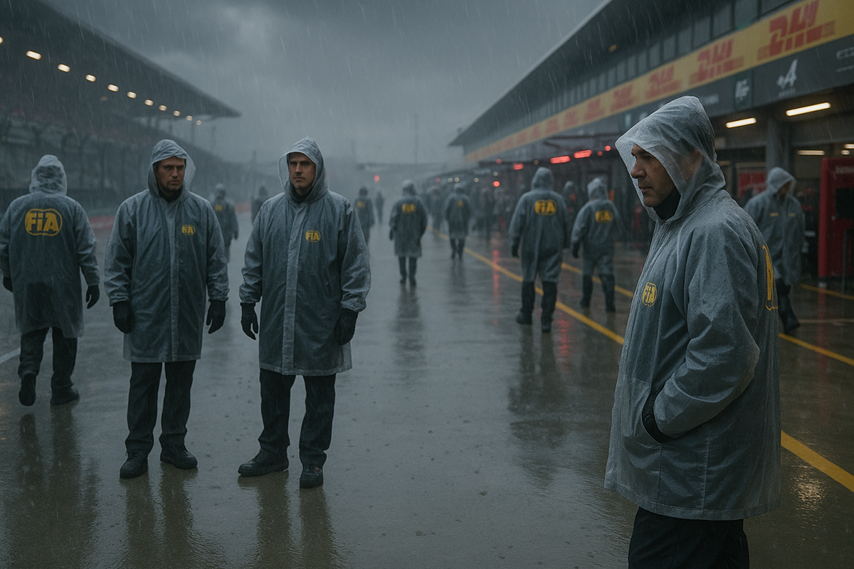 Pit lane F1 Singapour orage, personnel technique en poncho