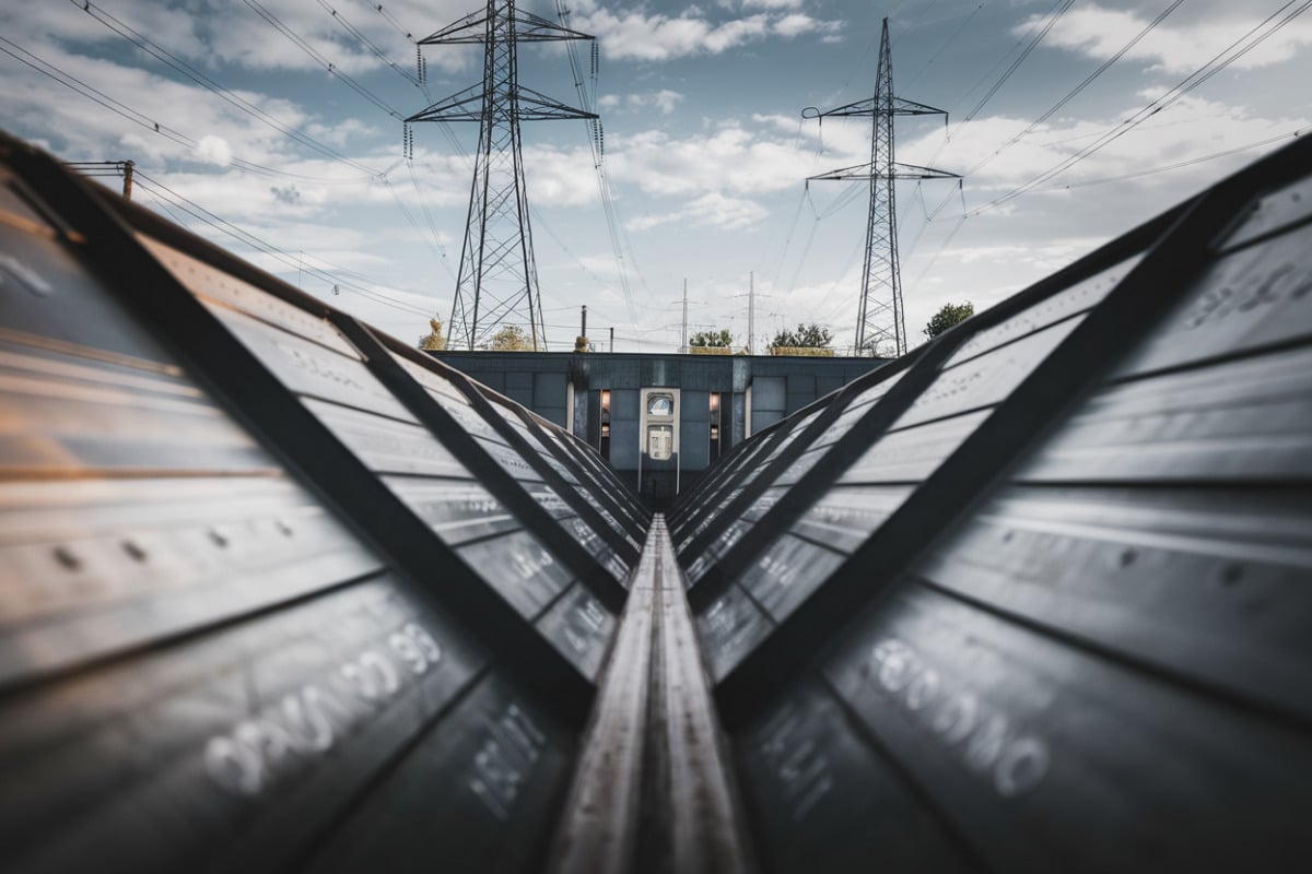 Rangées de grands pylônes électriques métalliques traversant le paysage français rural