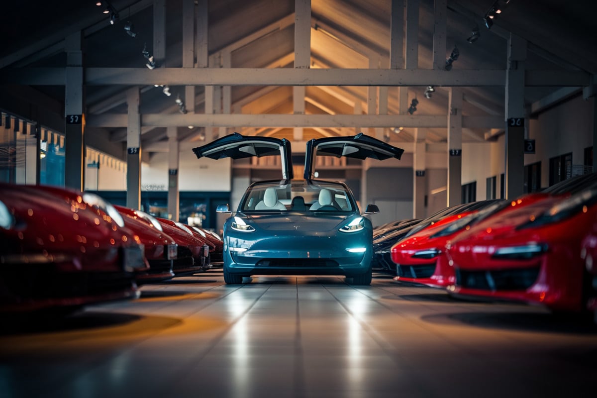 Voitures électriques modernes exposées dans un showroom avec batteries haute performance