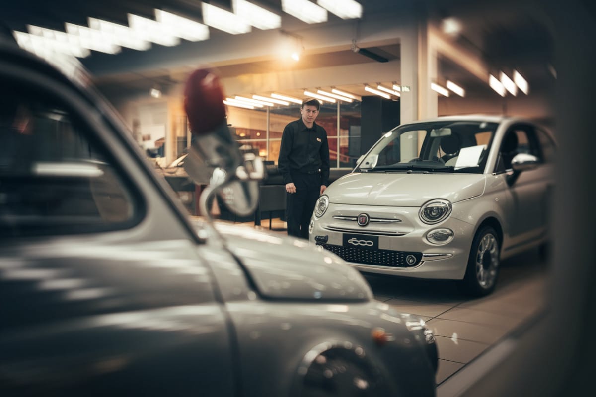 Fiat 500e affichant son nouveau prix réduit en concession automobile
