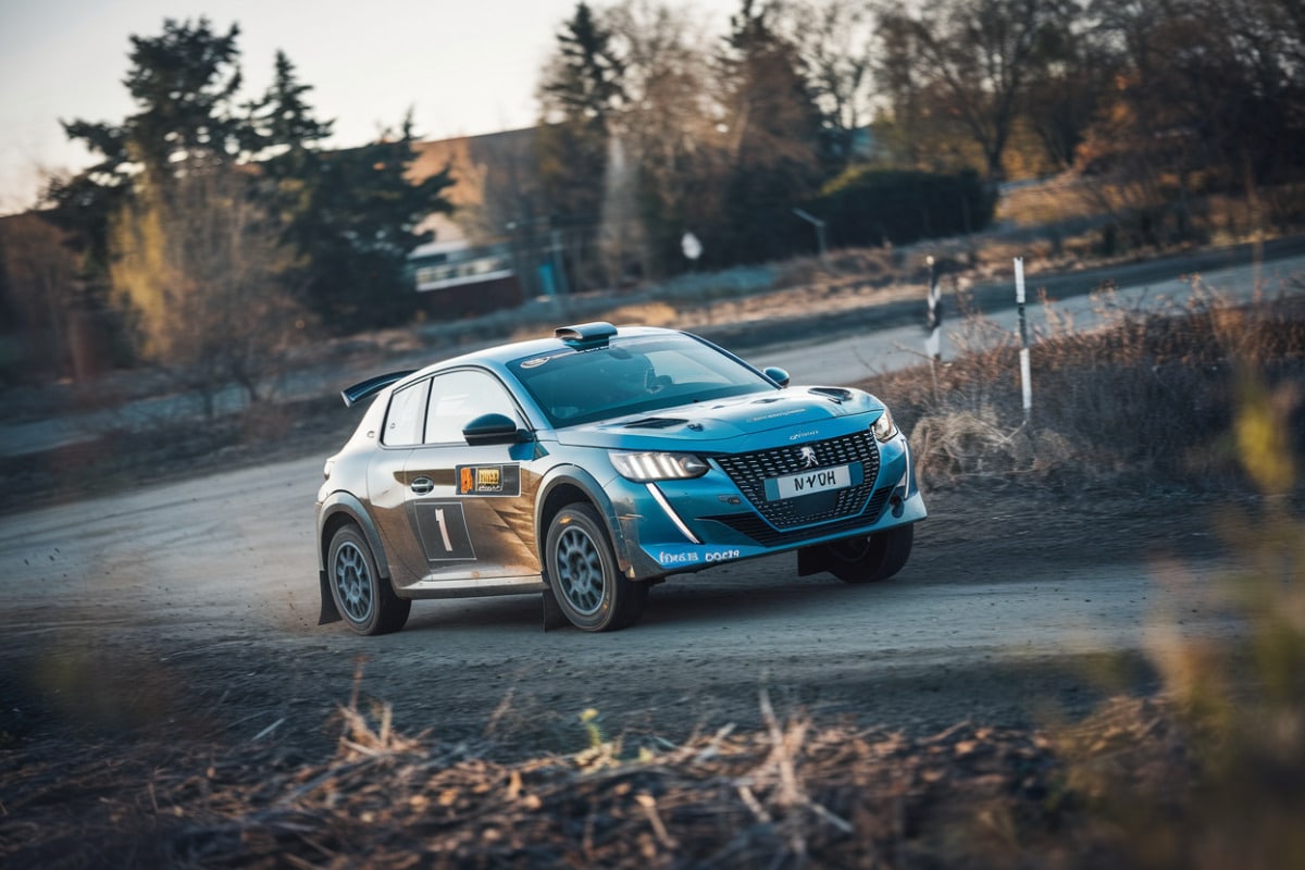 Deux pilotes Peugeot en compétition sur routes portugaises sinueuses et poussiéreuses